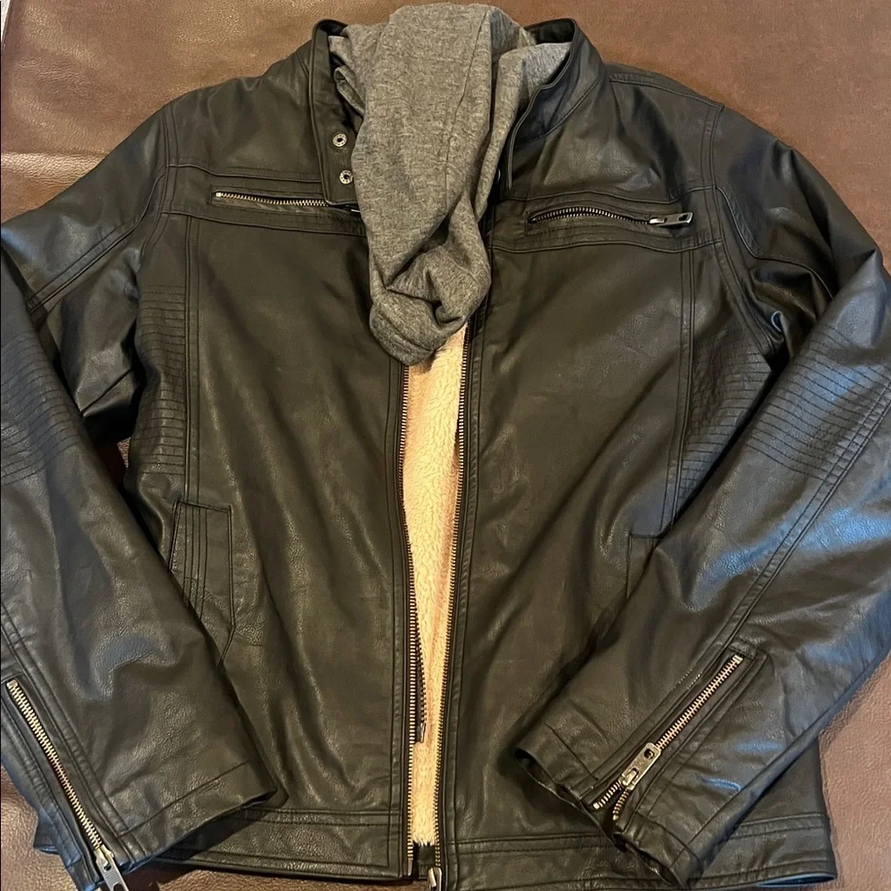 Boys size 18/20 Black Leather Jacket with Gray Hood(removable hood) - Picture 3 of 11